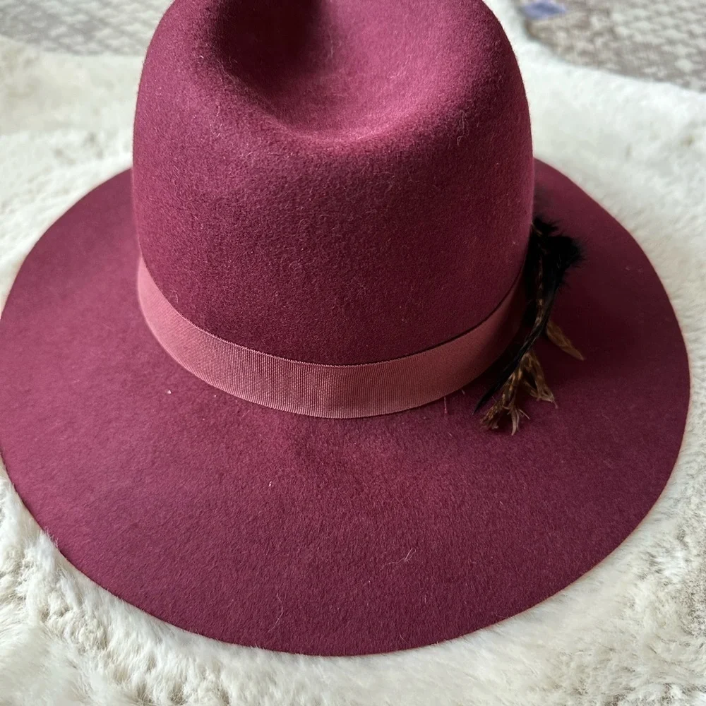 Black Saks Fifth Avenue 90s Wool Fedora Felt Hat‎ Burgundy Feathers One Size